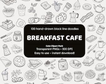 Clipart scarabocchio per bar per la colazione / 100 icone PNG disegnate a mano / Adesivi con linee nere per artigiani