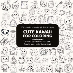 Könnte beinhalten: Schwarz-Weiß-Illustrationen von niedlichen Kawaii-Charakteren, darunter Tiere, Essen und Objekte. Das Bild enthält den Text "CUTE KAWAII FOR COLORING" und "Cute Clipart Pack".