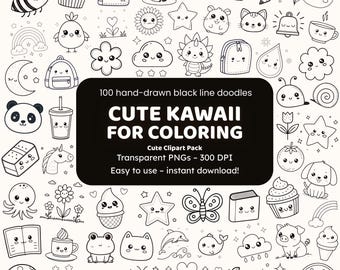 Kawaii for Coloring Doodle Clipart | 100 Hand-Drawn Black Line PNGs | Icons for Crafters
