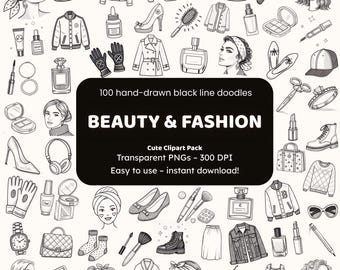 Beauty & Fashion Doodle Clipart | 100 Hand-Drawn Black Line PNGs | Icons and Stickers for Crafters