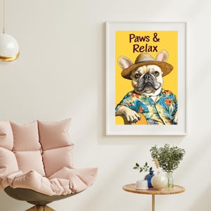 Arte mural para perros Paws & Relax: Bulldog francés con camisa hawaiana. Imprimible divertido de verano, póster playero para mascotas, descarga digital para amantes de los perros.