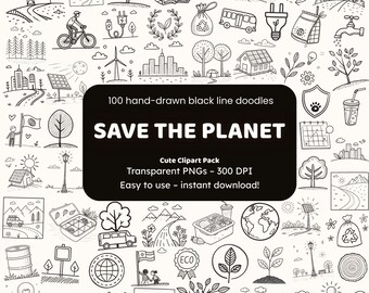 Save The Planet Doodle Clipart | 100 Hand-Drawn Eco Icons PNG | Earth Day Clipart Crafters