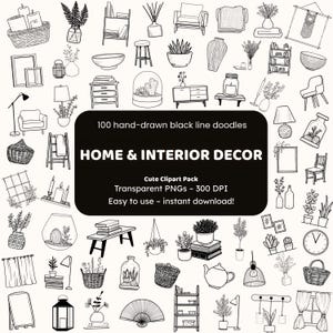 Home & Interior Decor Doodle Clipart | 100 Hand-Drawn PNG Icons | Black Line Art for Crafters