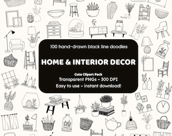 Home & Interior Decor Doodle Clipart | 100 Hand-Drawn PNG Icons | Black Line Art for Crafters