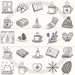 Op de afbeelding: Een verzameling handgetekende illustraties met een winterthema. De afbeelding bevat een raam, pantoffels, een boek, mokken met warme dranken, een deken, een kaars, een sok, een muts, gordijnen, dennenappels, wanten, een kat, een hart, een sneeuwvlok en een dennenappel.