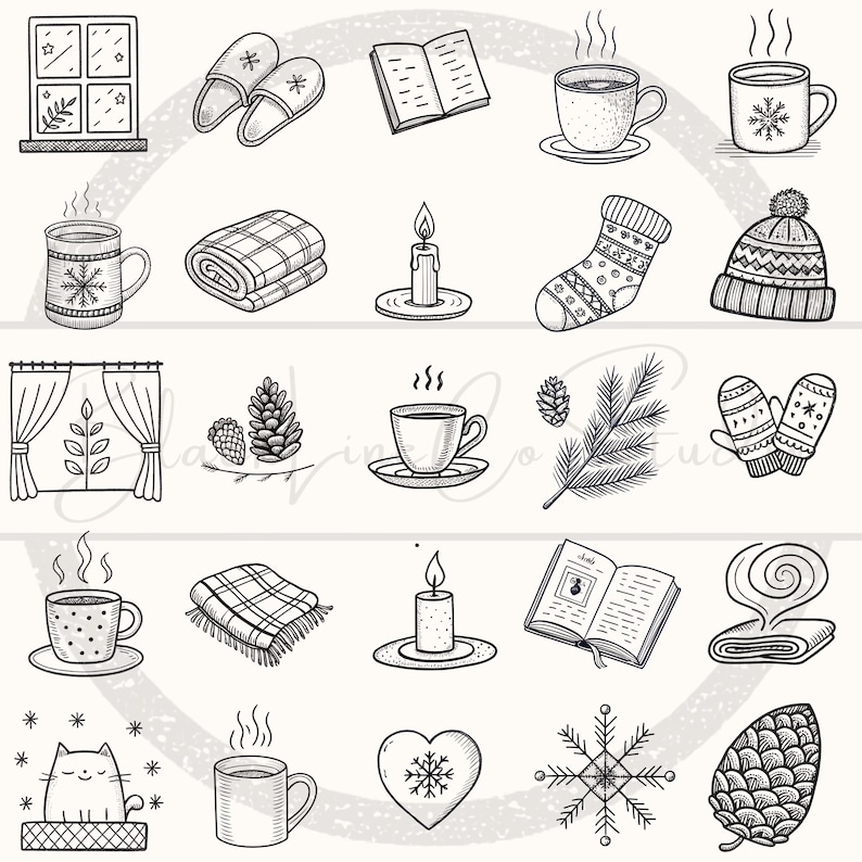 Op de afbeelding: Een verzameling handgetekende illustraties met een winterthema. De afbeelding bevat een raam, pantoffels, een boek, mokken met warme dranken, een deken, een kaars, een sok, een muts, gordijnen, dennenappels, wanten, een kat, een hart, een sneeuwvlok en een dennenappel.