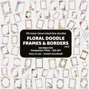 Floral Frames & Borders Doodle Clipart | 100 Hand-Drawn PNG Icons | Black Line Art for Crafters