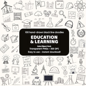 Pode incluir: Uma coleção de 100 doodles de linha preta desenhados à mão relacionados à educação e aprendizagem. A imagem inclui várias ilustrações, como uma escola, livros, um microscópio e o texto "EDUCATION & LEARNING".
