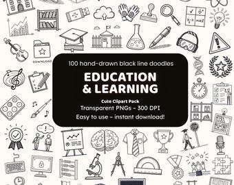Education & Learning Doodle Clipart | 100 Hand-Drawn Black Line PNGs | Icons and Stickers for Crafters