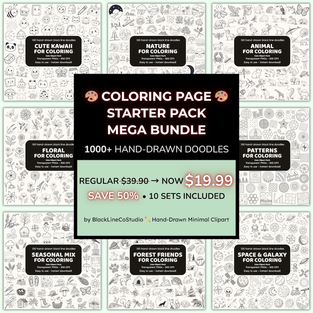 Coloring Page Starter Pack Mega Bundle | 1000+ Hand-drawn Doodle ...