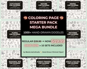 Coloring Page Starter Pack Mega Bundle | 1000+ Hand-Drawn Doodle Clipart PNG | Coloring  & Printable Designs