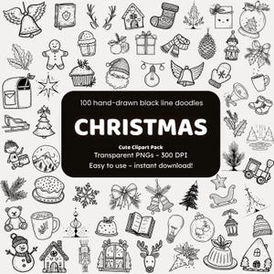 Christmas Doodle Clipart | 100 Hand-Drawn PNG Icons | Black Line Art Stickers for Crafters