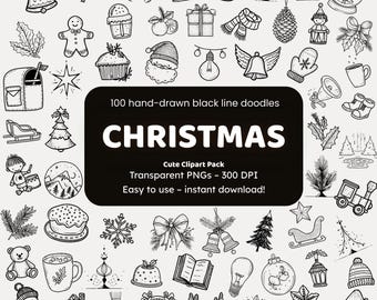 Kerstkrabbel clipart | 100 handgetekende png-pictogrammen | Black Line Art-stickers voor knutselaars