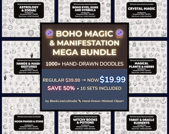 May include: A digital art bundle featuring 10 sets of hand-drawn doodles with a boho magic and manifestation theme. The sets include astrology, zodiac, eyes, suns, symbols, crystal magic, hands, gestures, magical plants, herbs, moon phases, stars, witchy books, potions, tarot, and oracle elements.
