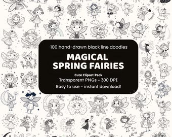 Magical Spring Fairies Doodle Clipart | 100 Hand-Drawn Black Line PNGs | Icons for Crafters