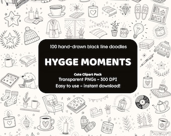 Hygge Moments Doodle Clipart | 100 Hand-Drawn PNG Icons | Black Line Art Stickers for Crafters