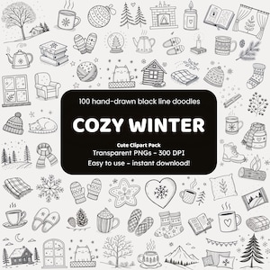 Clipart de garabatos de invierno acogedores / 100 íconos PNG dibujados a mano / Pegatinas de arte lineal negro para artesanos