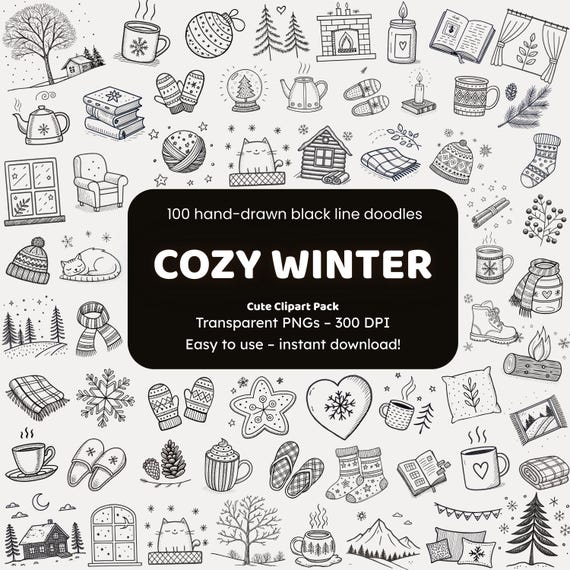 Cozy Winter Doodle Clipart | 100 Hand-Drawn PNG Icons | Black Line Art Stickers for Crafters