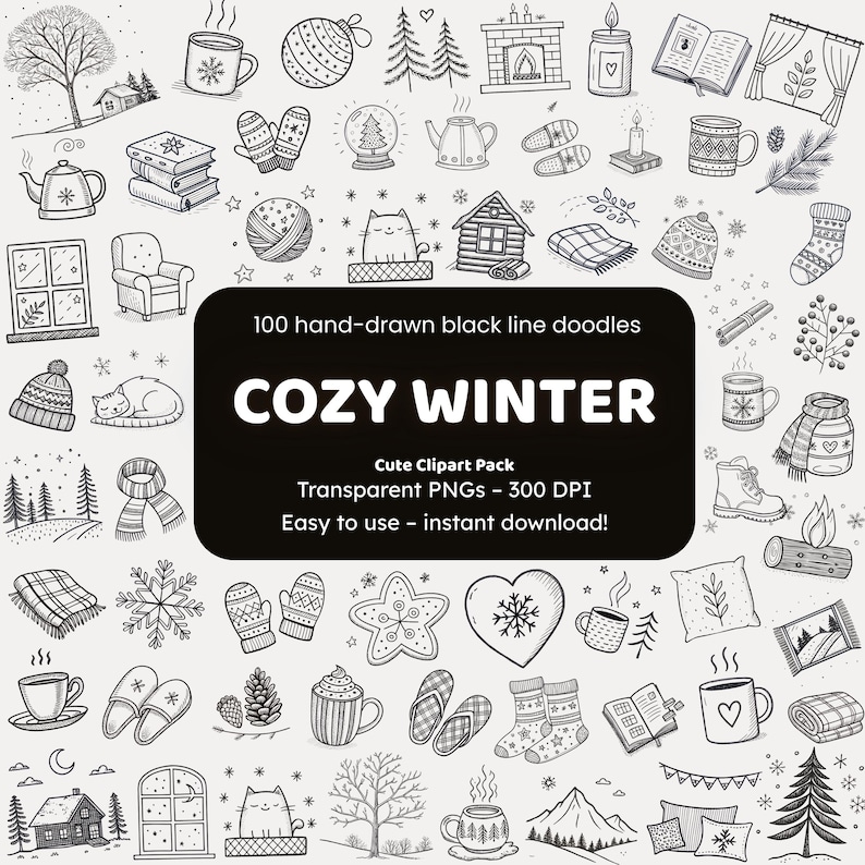 Gezellige winter doodle clipart | 100 handgetekende png-pictogrammen | Black Line Art-stickers voor knutselaars afbeelding 1