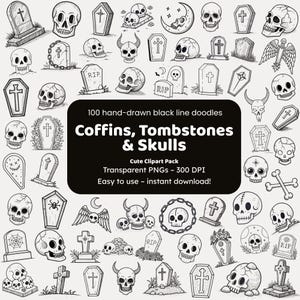 May include: A collection of 100 hand-drawn black line doodles featuring coffins, tombstones, and skulls. The image includes various designs of skulls, crosses, and coffins, with some tombstones marked with "RIP". The text "Coffins, Tombstones & Skulls" is also present.