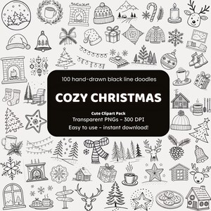 Cozy Christmas Doodle Clipart | 100 Hand-Drawn PNG Icons | Black Line Art Stickers for Crafters