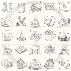 Op de afbeelding: Een verzameling handgetekende illustraties met gezellige winterelementen. Inclusief sokken, een kaars, een hut, een kussen, laarzen, een kat, een mok, een boek, bergen, een sneeuwbol, pantoffels, een open haard, een sneeuwvlok, een deken, een trui en een sjaal.
