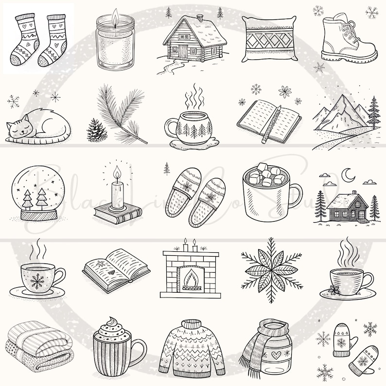Op de afbeelding: Een verzameling handgetekende illustraties met gezellige winterelementen. Inclusief sokken, een kaars, een hut, een kussen, laarzen, een kat, een mok, een boek, bergen, een sneeuwbol, pantoffels, een open haard, een sneeuwvlok, een deken, een trui en een sjaal.