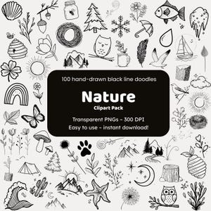 100 imágenes prediseñadas de naturaleza PNG/dibujos de líneas negras para profesores, hojas de trabajo TPT, proyectos escolares, manualidades y agendas digitales
