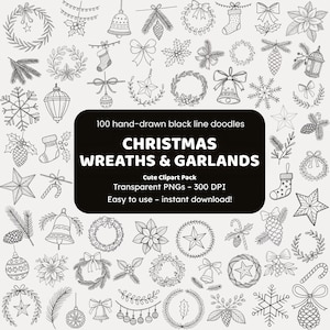 Christmas Wreaths & Garlands Clipart | 100 Hand-Drawn Black Line Doodles PNG | Icons for Crafters
