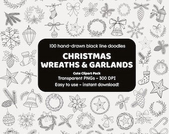 Clipart kerstkransen en -slingers | 100 handgetekende zwarte lijndoodles, png | Pictogrammen voor knutselaars
