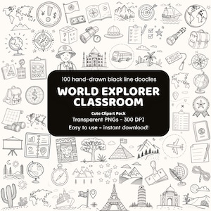Clipart „World Explorer Classroom Doodle” | 100 ręcznie rysowanych czarnych linii w formacie PNG | Ikony geograficzne dla majsterkowiczów
