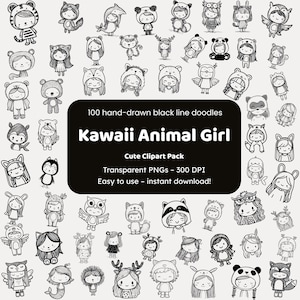 Kawaii Animal Girl Doodles: 100 Hand-Drawn Black Line PNGs Clipart (Instant Download)