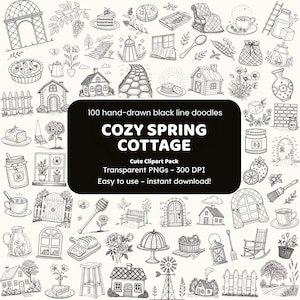 Op de afbeelding: Een illustratie met 100 handgetekende zwarte lijnkrabbels met een gezellig lentecottage-thema. De afbeelding bevat tekeningen van huizen, bloemen, eten en andere gerelateerde objecten. De tekst op de afbeelding luidt "COZY SPRING COTTAGE" en "Cute Clipart Pack".