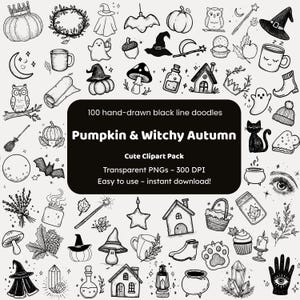 May include: A collection of 100 hand-drawn black line doodles with a pumpkin and witchy autumn theme. The clipart pack includes pumpkins, witch hats, bats, mushrooms, and other fall-themed illustrations. The text reads "Pumpkin & Witchy Autumn".