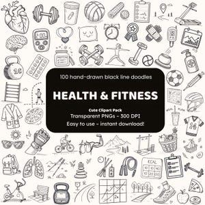 Puede incluir: Paquete de imágenes prediseñadas dibujadas a mano en blanco y negro con garabatos temáticos de salud y fitness. Incluye imágenes de pesas, un corazón, un cerebro, una pelota de baloncesto y el texto "HEALTH & FITNESS".