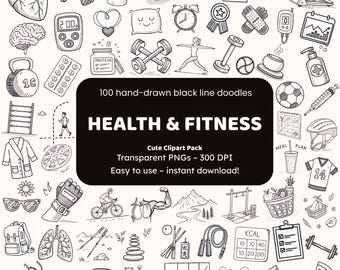 May include: Black and white hand-drawn clipart pack with health and fitness themed doodles. Includes images of dumbbells, a heart, a brain, a basketball, a treadmill, and text that reads "HEALTH & FITNESS".
