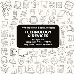 May include: A collection of black and white hand-drawn doodles depicting technology and devices, such as computers, smartphones, and solar panels. The image includes the text "TECHNOLOGY & DEVICES" and "Cute Clipart Pack".