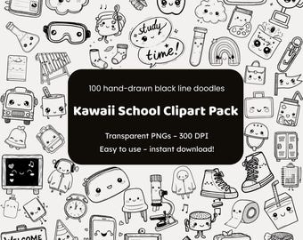 Puede incluir: Una colección de 100 garabatos de línea negra dibujados a mano con un tema escolar Kawaii. La imagen incluye varios elementos relacionados con la escuela, como una manzana, un lápiz, un autobús y un letrero de bienvenida. El texto de la imagen dice "Kawaii School Clipart Pack".