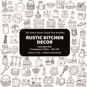 Rustik köksdekor Doodle Clipart | 100 handritade svarta linjer PNG:er | Bondgårdsikoner för hantverkare