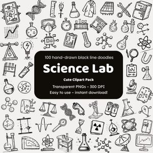 Può includere: Set di clipart di laboratorio scientifico disegnate a mano in bianco e nero. L'immagine presenta vari strumenti e simboli scientifici, tra cui beute, provette e strutture molecolari. Il testo dice "Science Lab" e "Cute Clipart Pack".