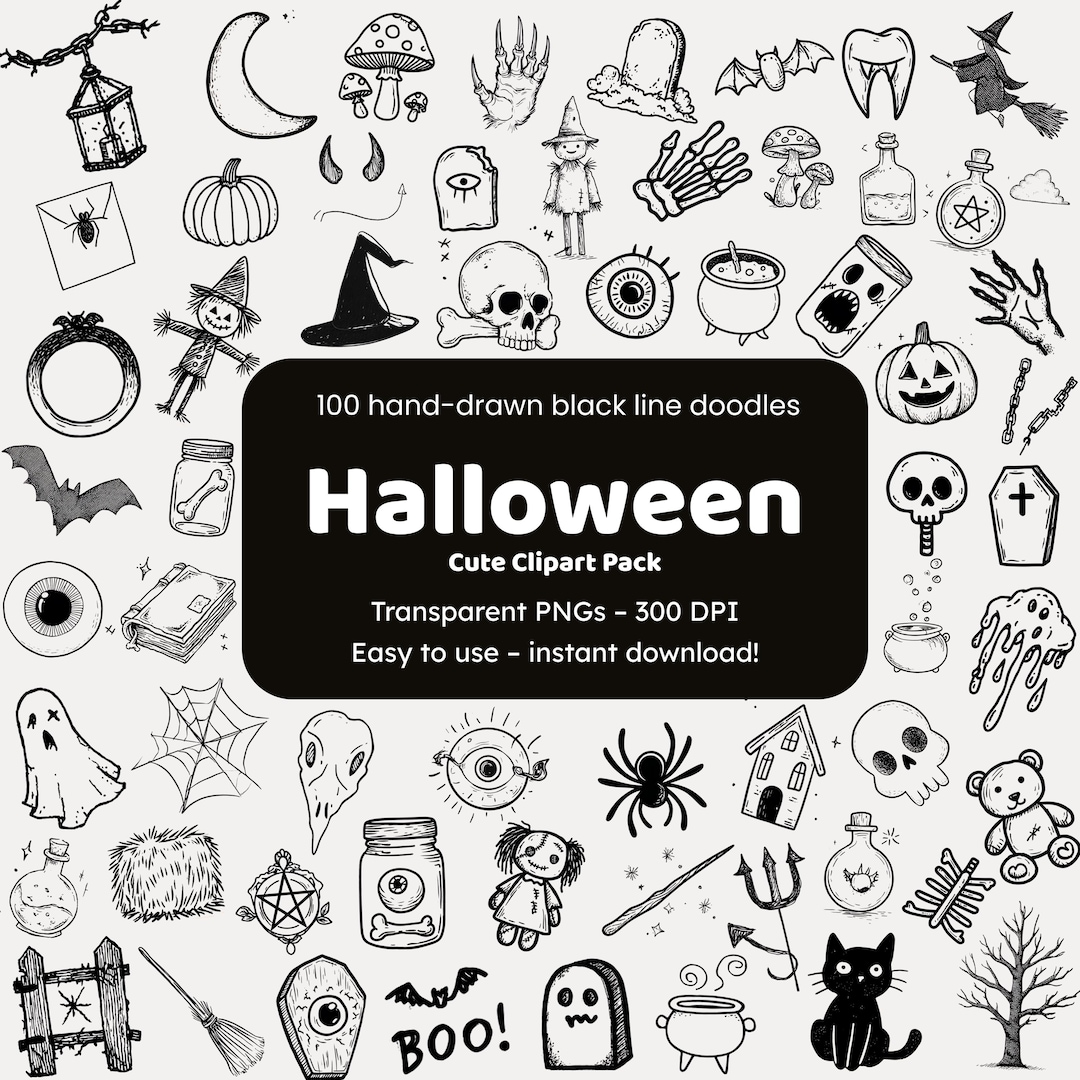 Halloween Black Line Clipart Bundle: Hand-drawn Doodles (PNG, 12x12in ...