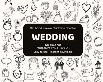 Wedding Doodle Clipart | 100 Hand-Drawn PNG Icons | Black Line Art Stickers for Crafters