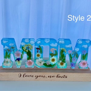 Personalized Resin Letter Lamp with Natural Flowers: Custom Wood Base