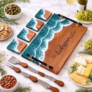 Personalized Resin Charcuterie Board Set: Ocean design Wood Serving Tray with Coasters