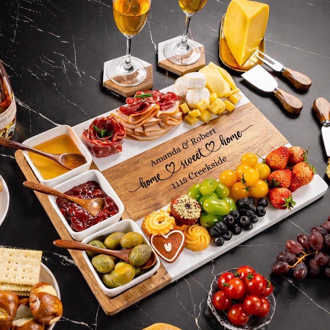 Personalized Acacia Wood Marble Charcuterie Board Set, Engraved ...