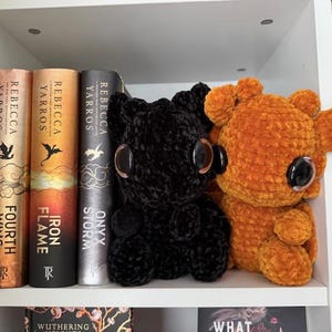 May include: Two crocheted dragon plushies on a white bookshelf. The dragon on the left is black with large black eyes. The dragon on the right is orange with large black eyes. The bookshelf is filled with books with the titles "Onyx Storm", "Iron Flame", and "Fourth Wing" visible.