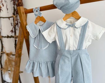 Special Girls Boys Siblings Matching Birthday Outfit Brother Sister Toddler Kids Photo Shoot Matching Outfit Dress Tuxedo Pants Bow Tie