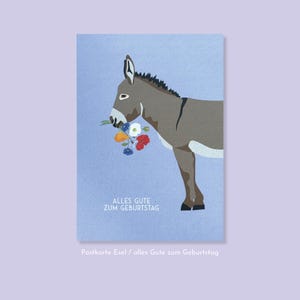 lila Postkarte mit Esel und Blumenstrauß - alles Gute zum Geburtstag / DIN A6 / Geburtstag, Sommer, Esel, Blumen, Natur.