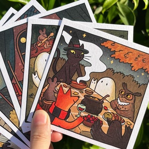 Joli ensemble de cartes postales carrées d'Halloween | décoration murale de soirée effrayante | histoire colorée d'amis fantômes d'automne | L'art de Bonnie Pang