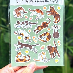 Patchy Cat Sticker Sheet | Calico, tortoiseshell, Tuxedo cats stretching and grooming | Cute & funny vinyl stickers